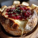 Close-up of Baked Brie In Bread Bowl With Cranberry Sauce Thyme, featuring gooey melted cheese oozing out.