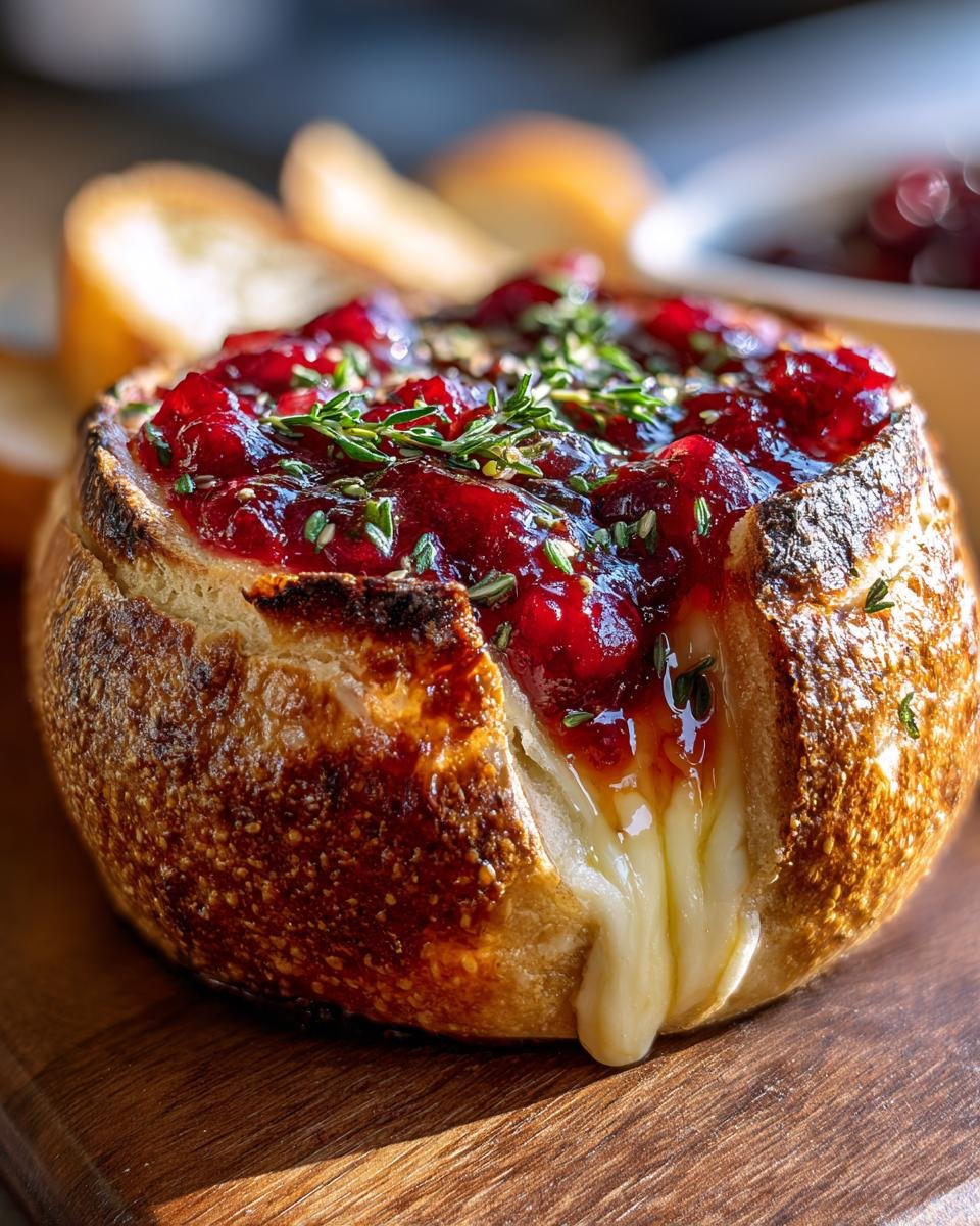 Close-up of Baked Brie In Bread Bowl With Cranberry Sauce Thyme oozing melted cheese.