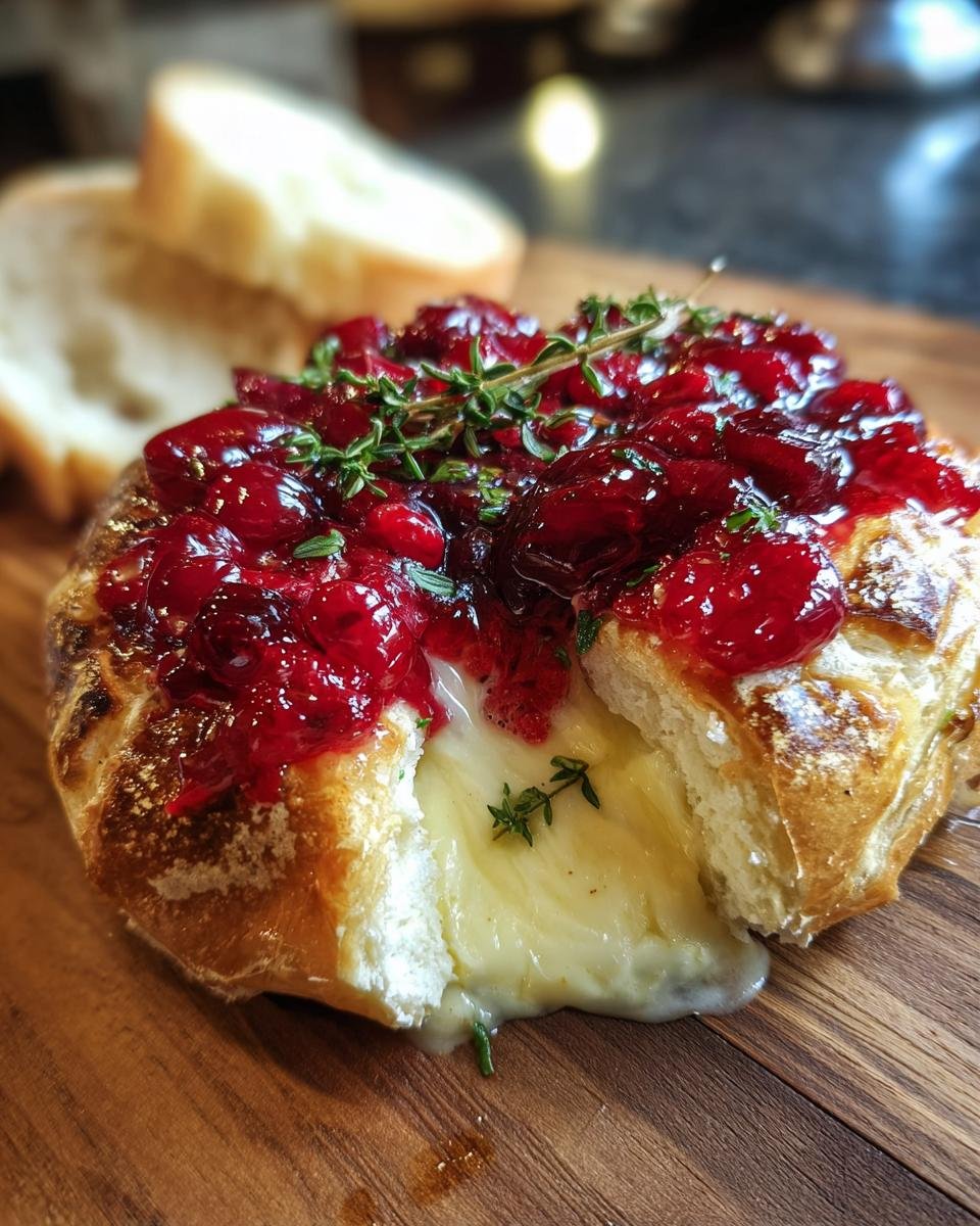 Melted Baked Brie In Bread Bowl With Cranberry Sauce Thyme, oozing out, garnished with fresh thyme.