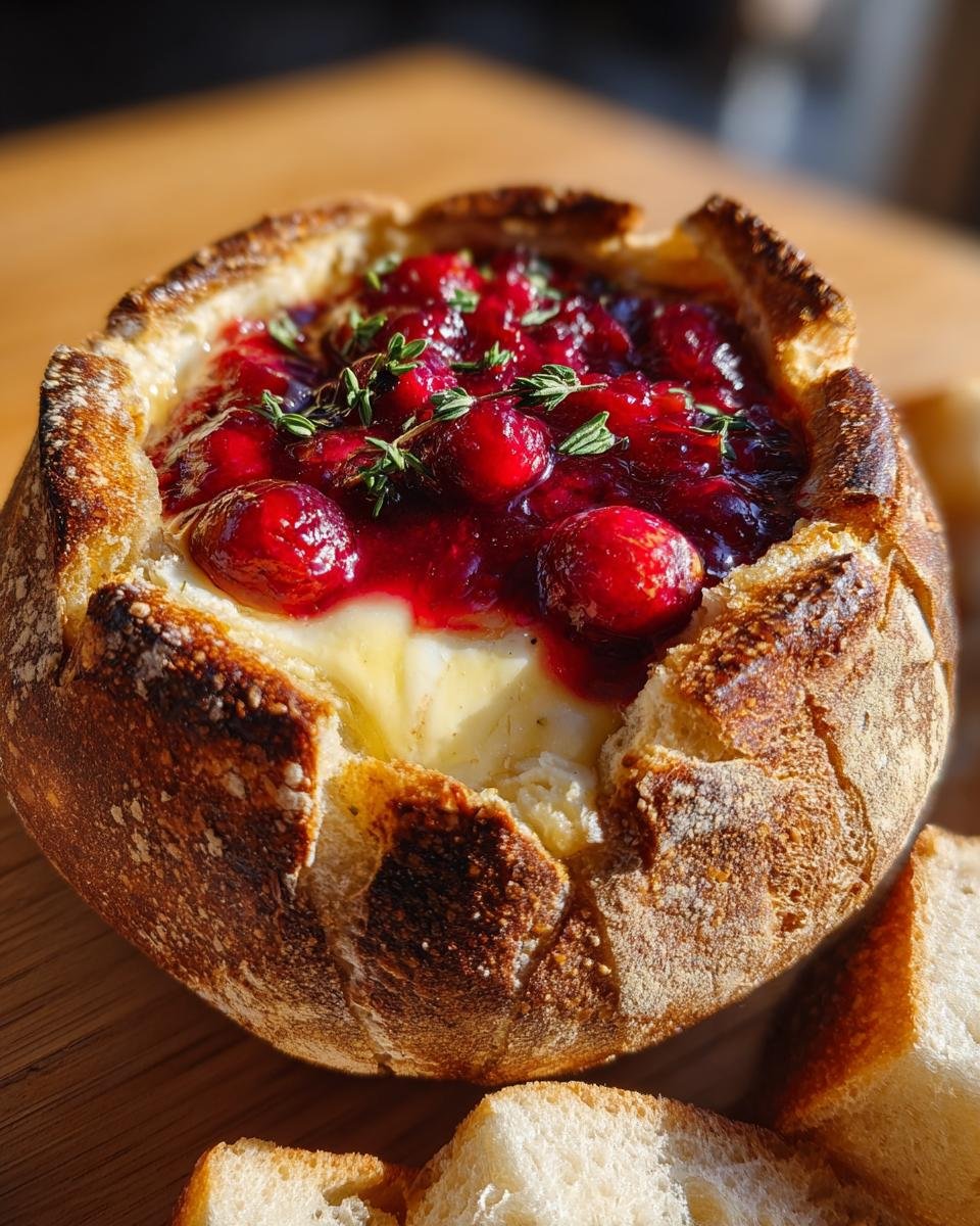 Close-up of Baked Brie In Bread Bowl With Cranberry Sauce Thyme, featuring melted cheese and bright red topping.