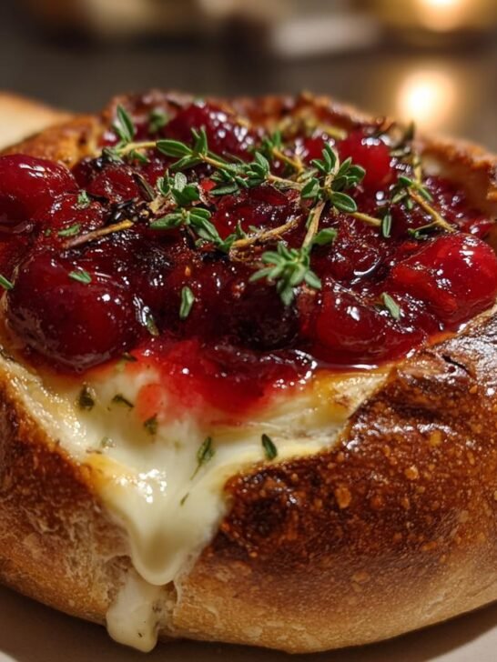 Melted cheese oozing from a Baked Brie In Bread Bowl With Cranberry Sauce Thyme topping.