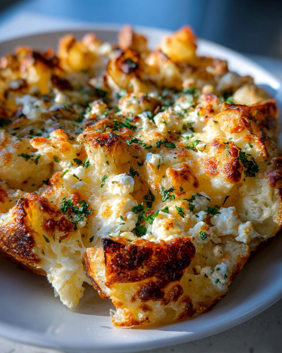 Close-up of golden brown, cheesy baked feta potatoes topped with crumbled feta and fresh parsley.