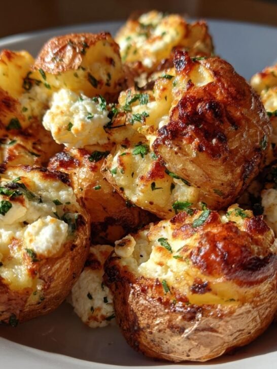 Close-up of crispy, golden Baked Feta Potatoes stuffed with creamy feta cheese and sprinkled with parsley.