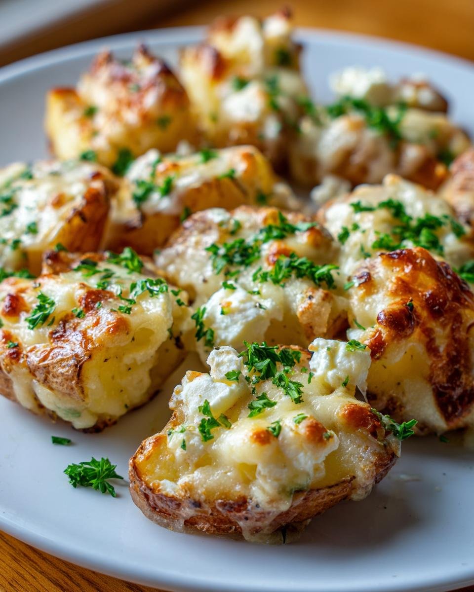 Close-up of several golden-brown baked feta potatoes topped with melted cheese and fresh parsley.