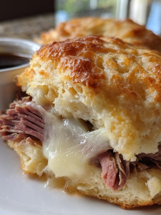 A close-up of a delicious Baked French Dip Biscuits sandwich, filled with roast beef and melted cheese, served with a side of dark au jus.