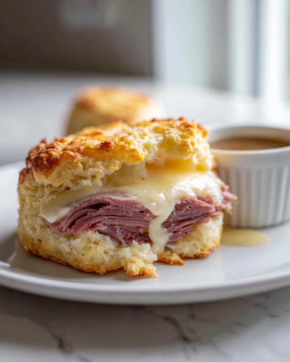 Close-up of a Baked French Dip Biscuits sandwich filled with roast beef and melted provolone cheese, served with au jus.
