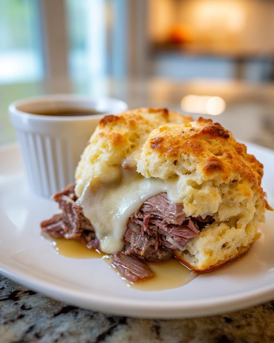 A close-up of a Baked French Dip Biscuits sandwich filled with shredded beef, melted white cheese, and au jus on a white plate.