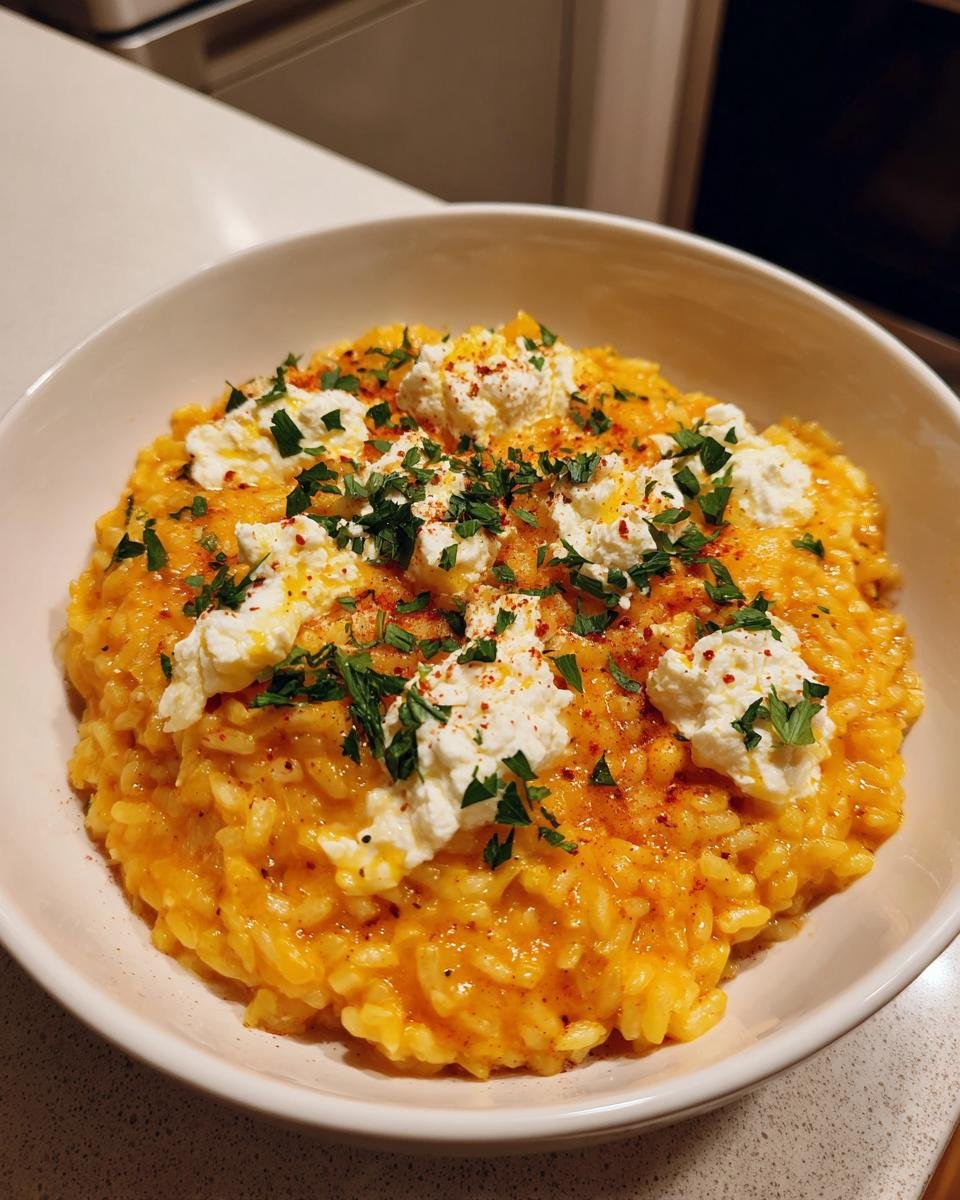 A close-up of creamy Baked Pumpkin Goat Cheese Risotto topped with dollops of goat cheese, parsley, and paprika.