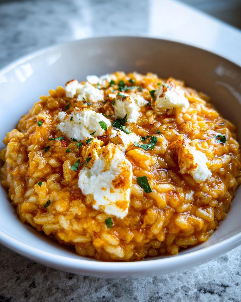 Close-up of creamy Baked Pumpkin Goat Cheese Risotto topped with dollops of goat cheese and parsley.