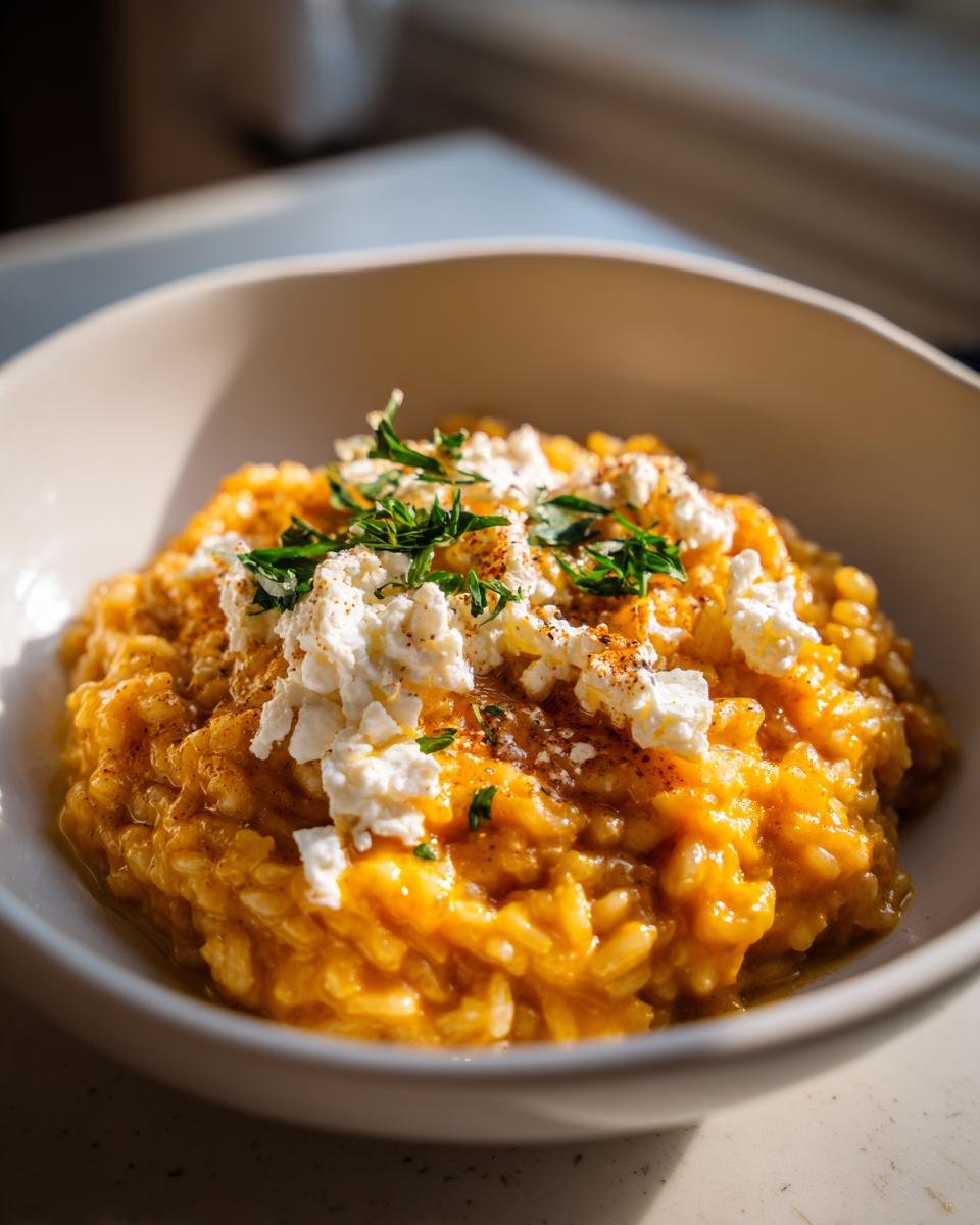 A close-up of creamy, orange Baked Pumpkin Goat Cheese Risotto topped with crumbled goat cheese and fresh herbs.