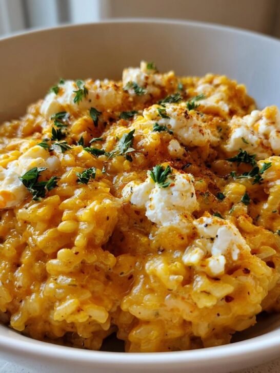 A close-up of creamy Baked Pumpkin Goat Cheese Risotto topped with dollops of goat cheese and fresh herbs.