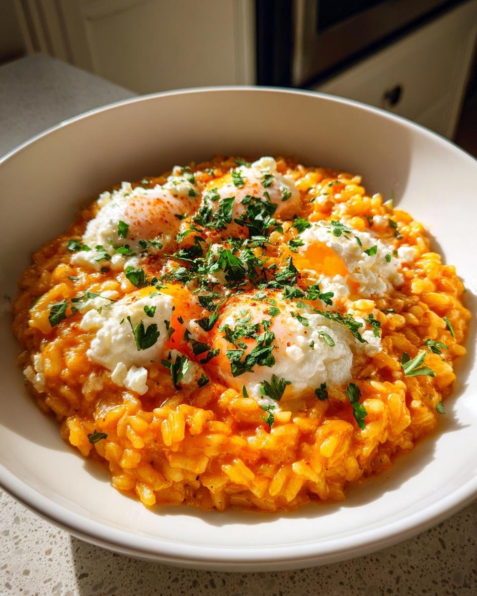 A close-up of creamy Baked Pumpkin Goat Cheese Risotto topped with poached eggs, crumbled goat cheese, and fresh parsley.
