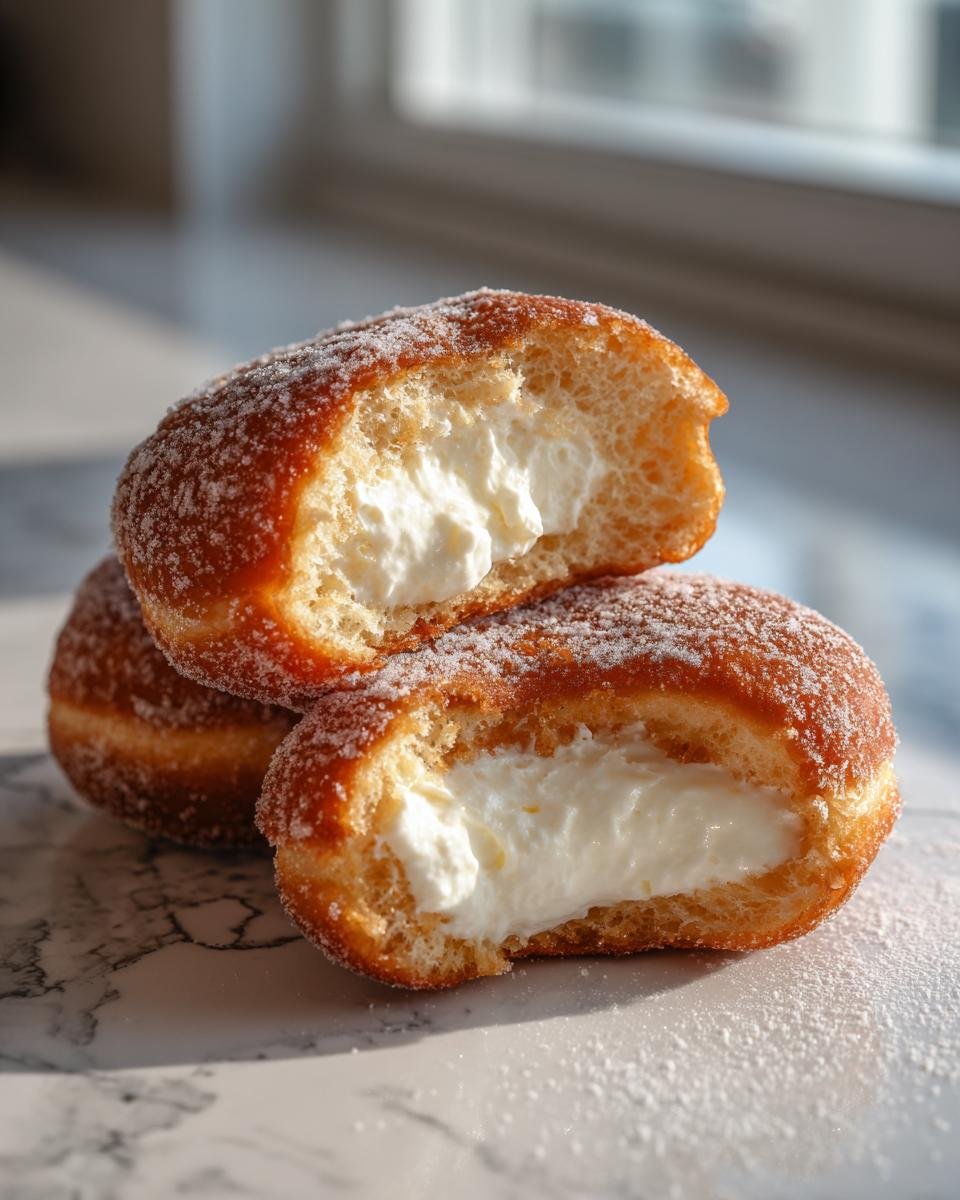 Close-up of a sugar-dusted Brioche Doughnut With Cheesecake filling, cut in half to show the creamy interior.
