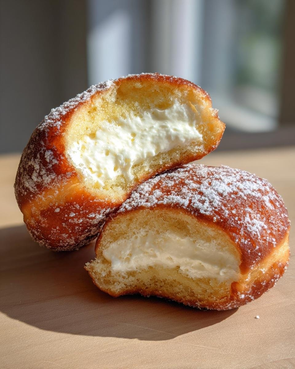 Two halves of a Brioche Doughnut With Cheesecake filling, dusted with powdered sugar, showing the creamy center.