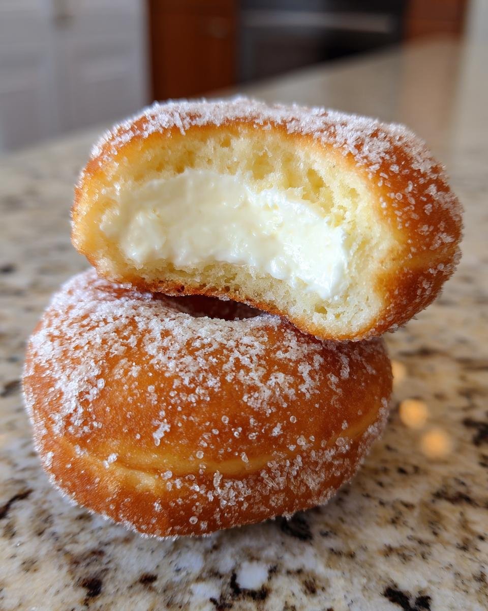 Two sugar-coated brioche doughnuts, one cut in half revealing a creamy cheesecake filling.