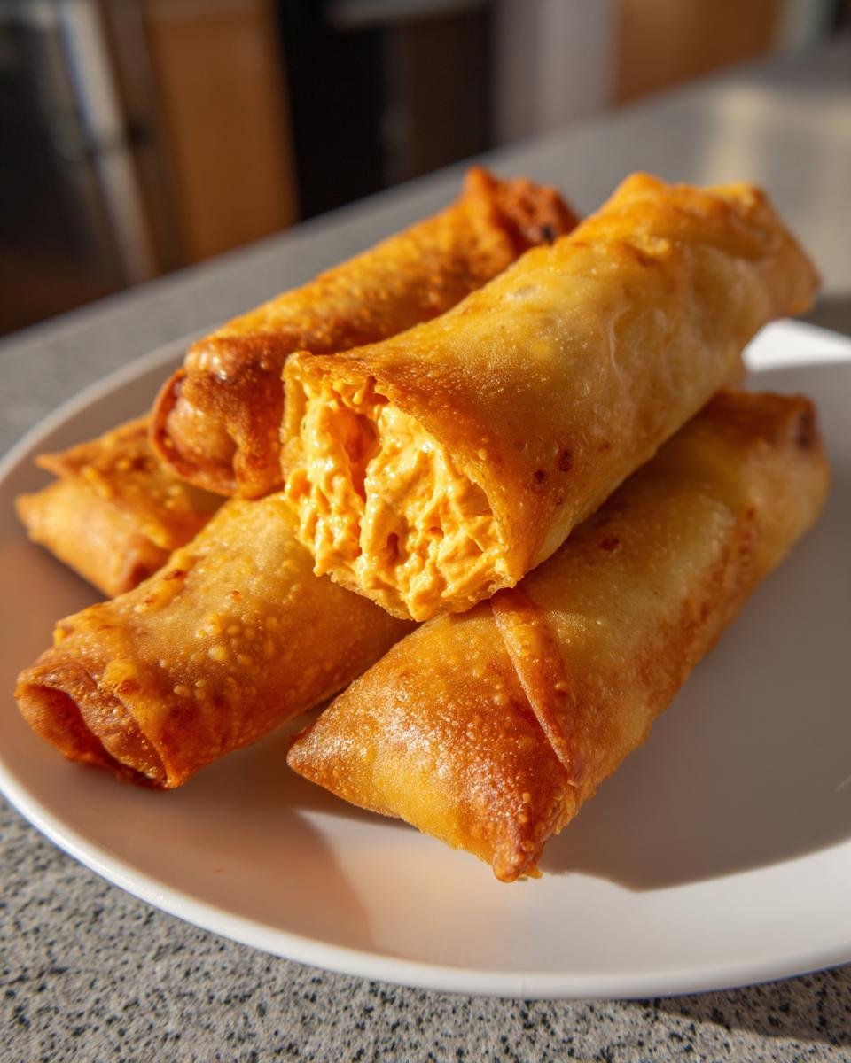 Close-up of crispy, golden Buffalo Chicken Dip Egg Rolls stacked on a white plate, one is cut open showing the orange filling.