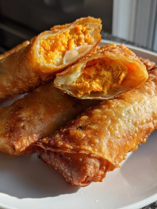 Close-up of crispy, golden-brown Buffalo Chicken Dip Egg Rolls, one cut open to show the orange filling.