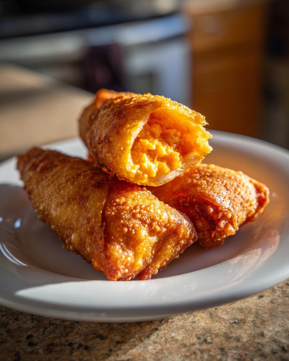 Three crispy, golden-brown Buffalo Chicken Dip Egg Rolls stacked on a white plate, with one cut open showing the cheesy orange filling.