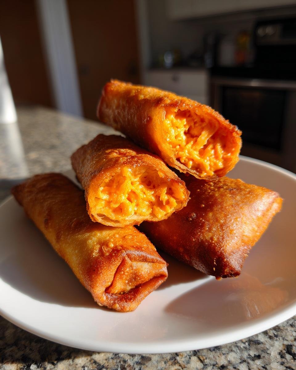 Close-up of crispy Buffalo Chicken Dip Egg Rolls, one cut open showing the cheesy orange filling.