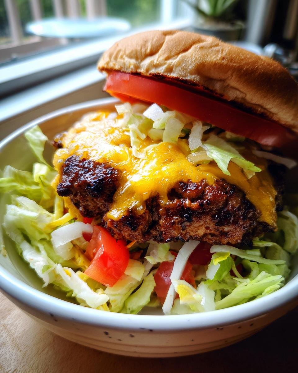 A close-up of a Burger Bowl featuring a cheeseburger patty over lettuce, topped with a bun half and tomato slice.