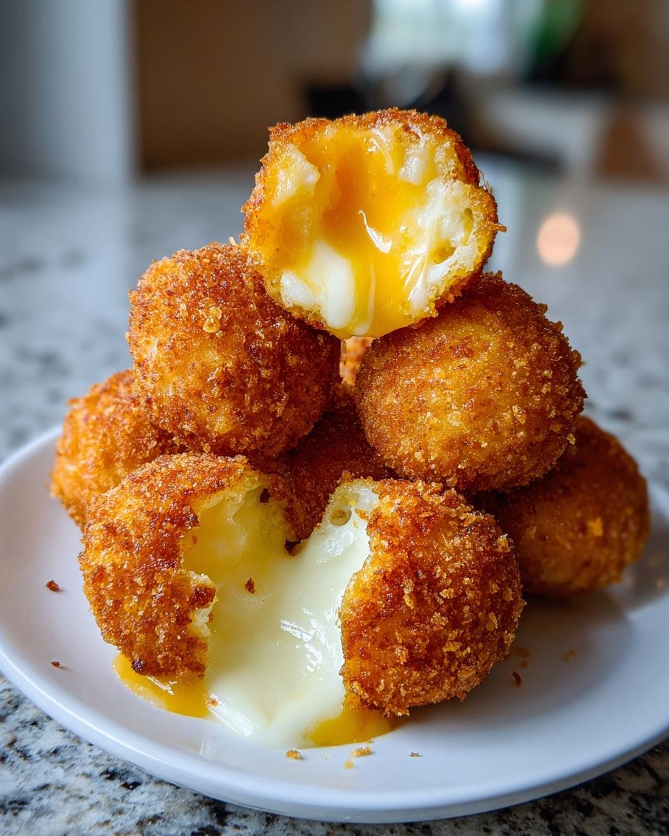 Close-up of golden fried Burrata Stuffed Garlic Cheese Arancini Bombs stacked, with one broken open showing melted cheese.