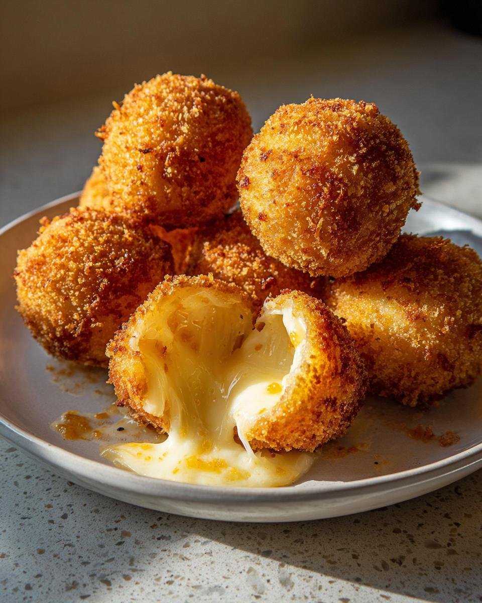 Close-up of crispy Burrata Stuffed Garlic Cheese Arancini Bombs with one broken open showing melted cheese pull.