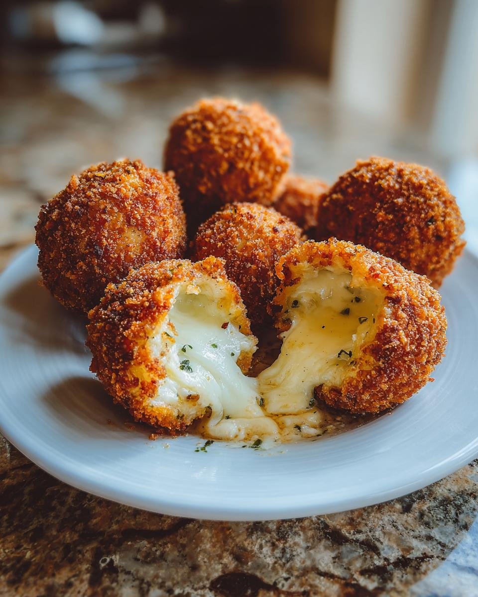 Close-up of golden-brown Burrata Stuffed Garlic Cheese Arancini Bombs, one broken open revealing melted cheese.
