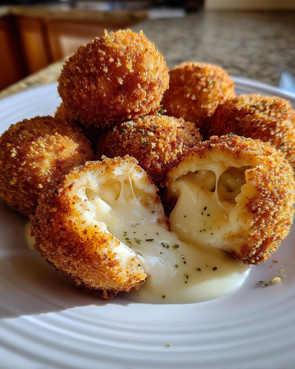 Close-up of golden brown Burrata Stuffed Garlic Cheese Arancini Bombs, one broken open showing melted cheese.