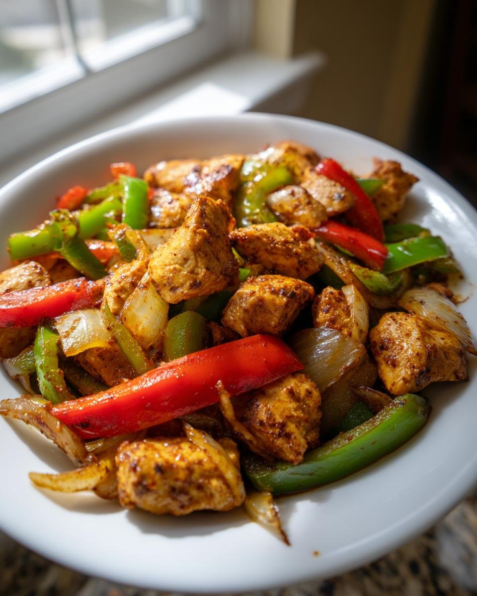 A white bowl filled with seasoned Cajun Chicken With Bell Peppers, onions, and saut&eacute;ed vegetables.