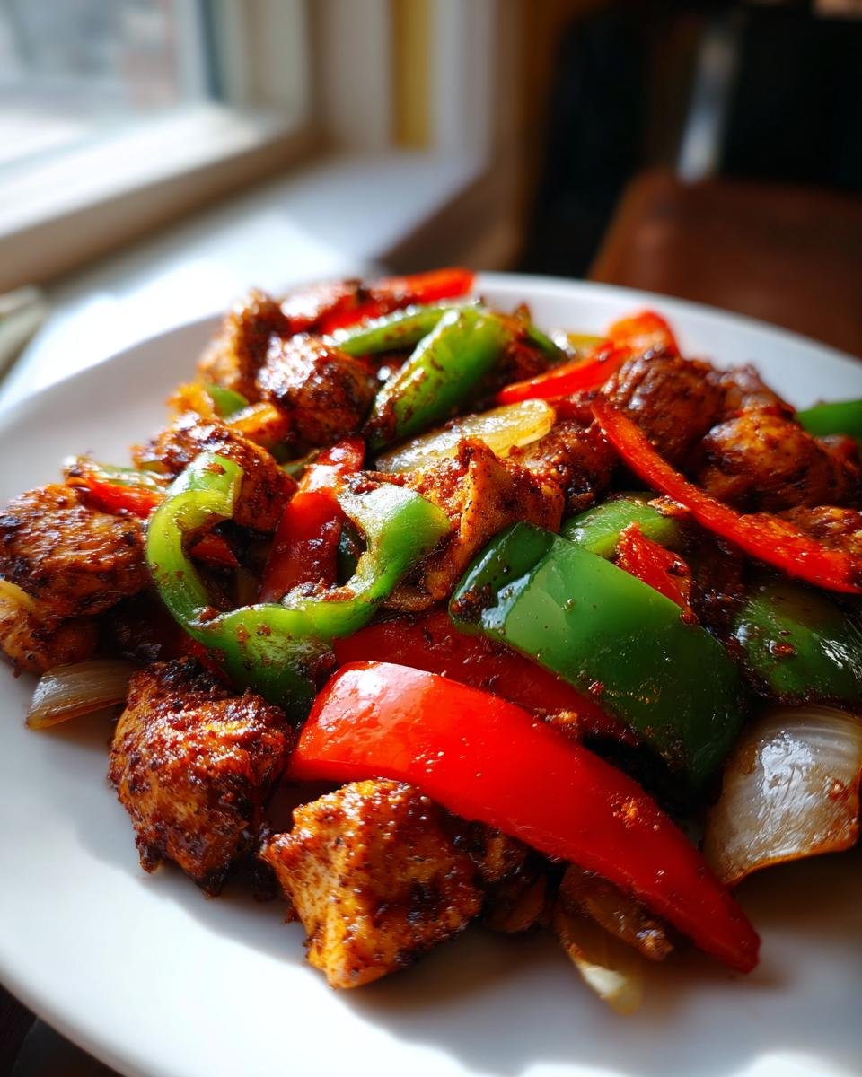 Close-up of seasoned Cajun chicken with vibrant red and green bell peppers and onions on a white plate.