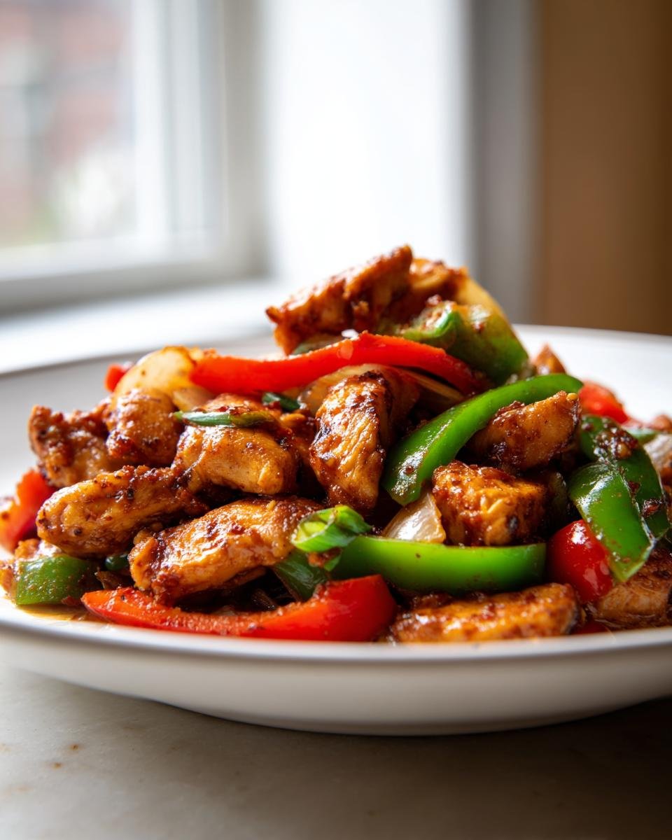 A close-up of seasoned Cajun chicken with vibrant red and green bell peppers and onions served on a white plate.