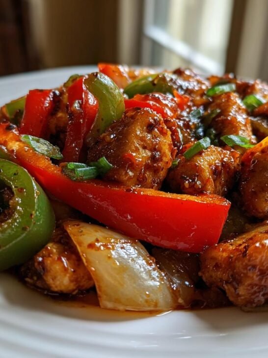 Close-up of saucy Cajun Chicken With Bell Peppers, onions, and green onions on a white plate.
