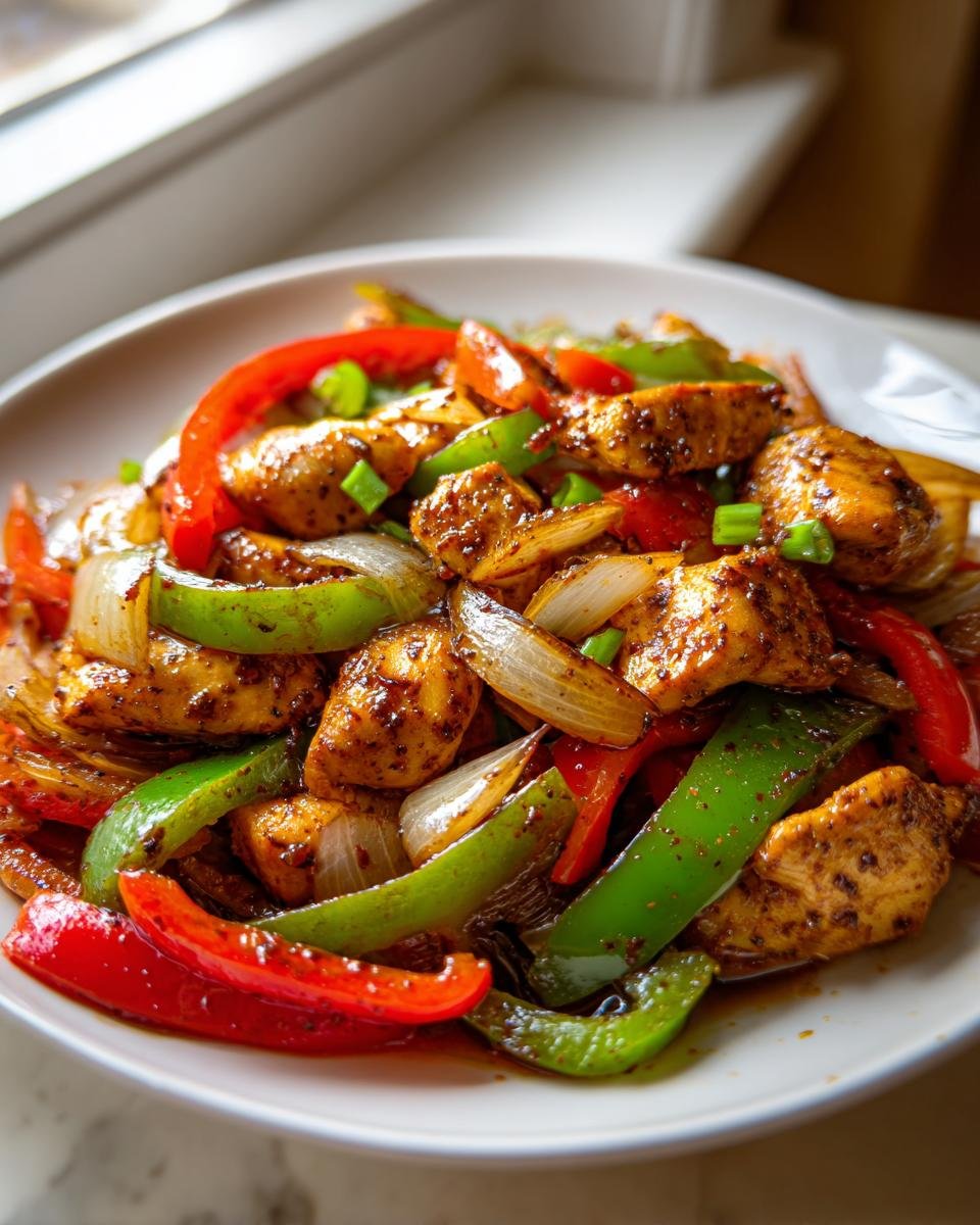 Close-up of seasoned Cajun chicken with vibrant red and green bell peppers and onions on a white plate.