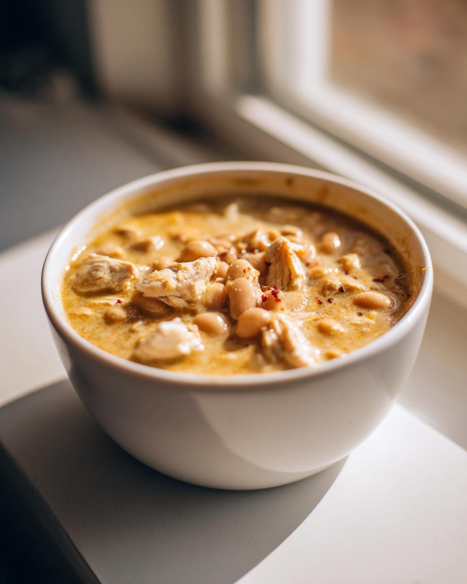 A close-up of a white bowl filled with creamy Cajun White Chicken Chili, featuring white beans and shredded chicken.
