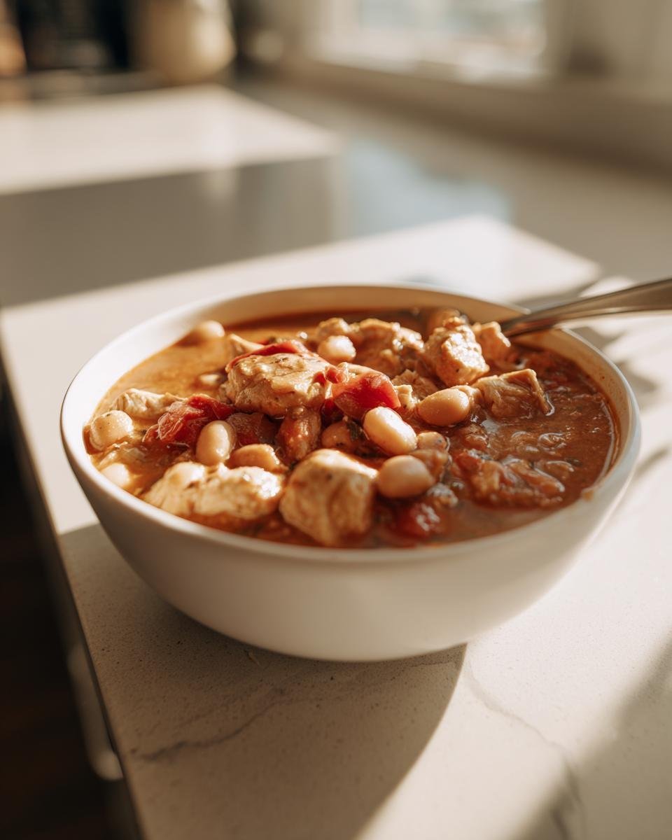 A close-up of a white bowl filled with hearty Cajun White Chicken Chili, featuring chunks of chicken and white beans.