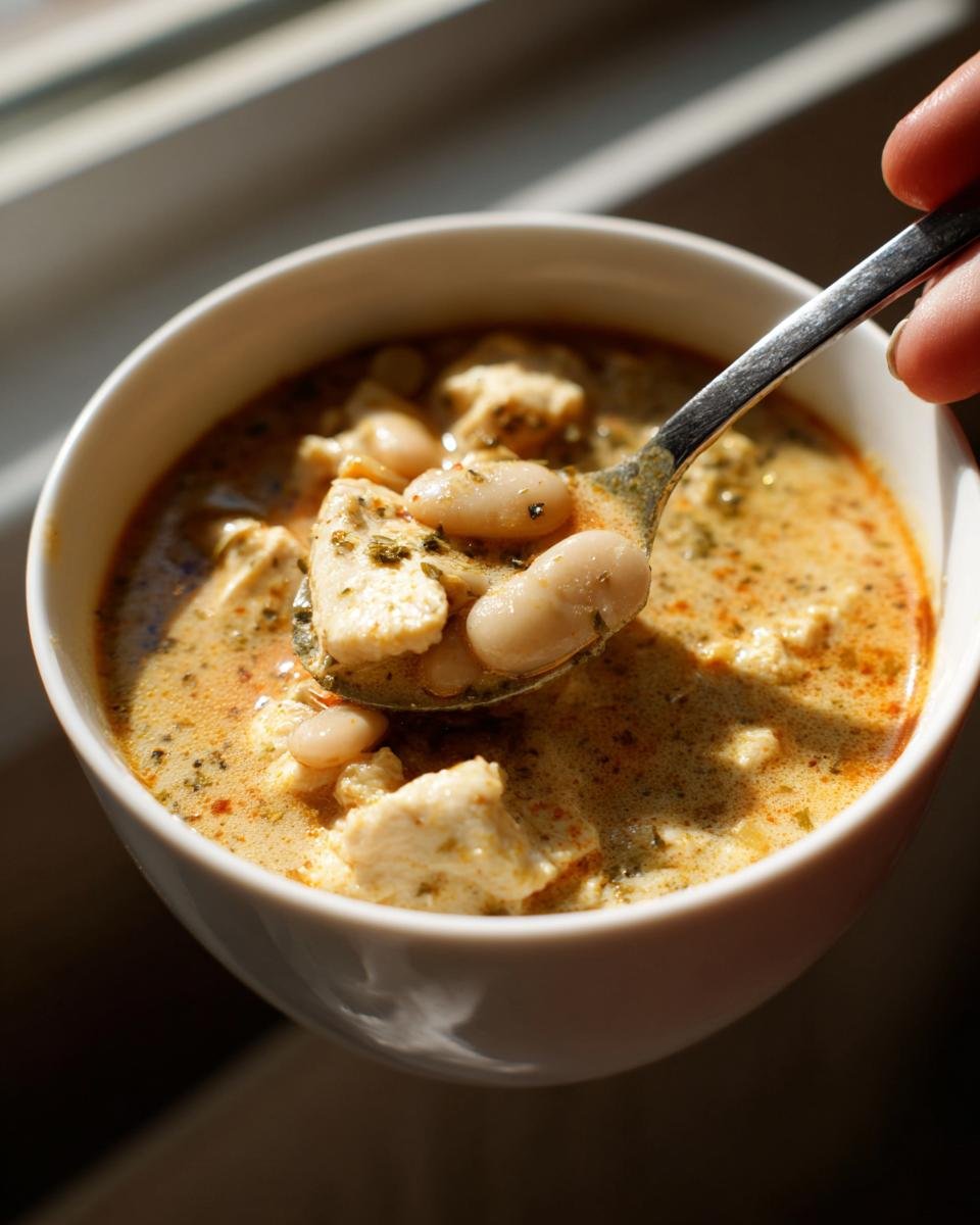 A spoonful of creamy Cajun White Chicken Chili featuring white beans and chicken chunks being lifted from a white bowl.