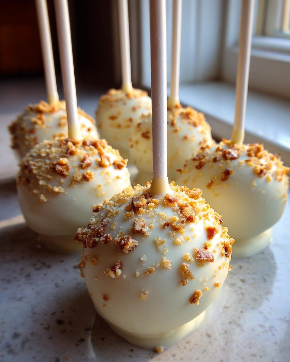 Close-up of several Caramel Apple Cake Pops dipped in white chocolate and sprinkled with crushed nuts.