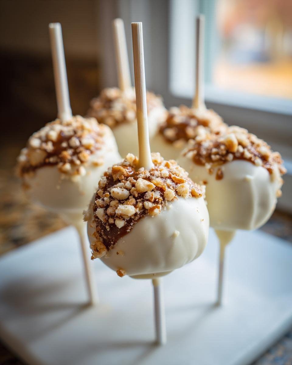 Close-up of several Caramel Apple Cake Pops dipped in white chocolate and topped with caramel and chopped nuts.