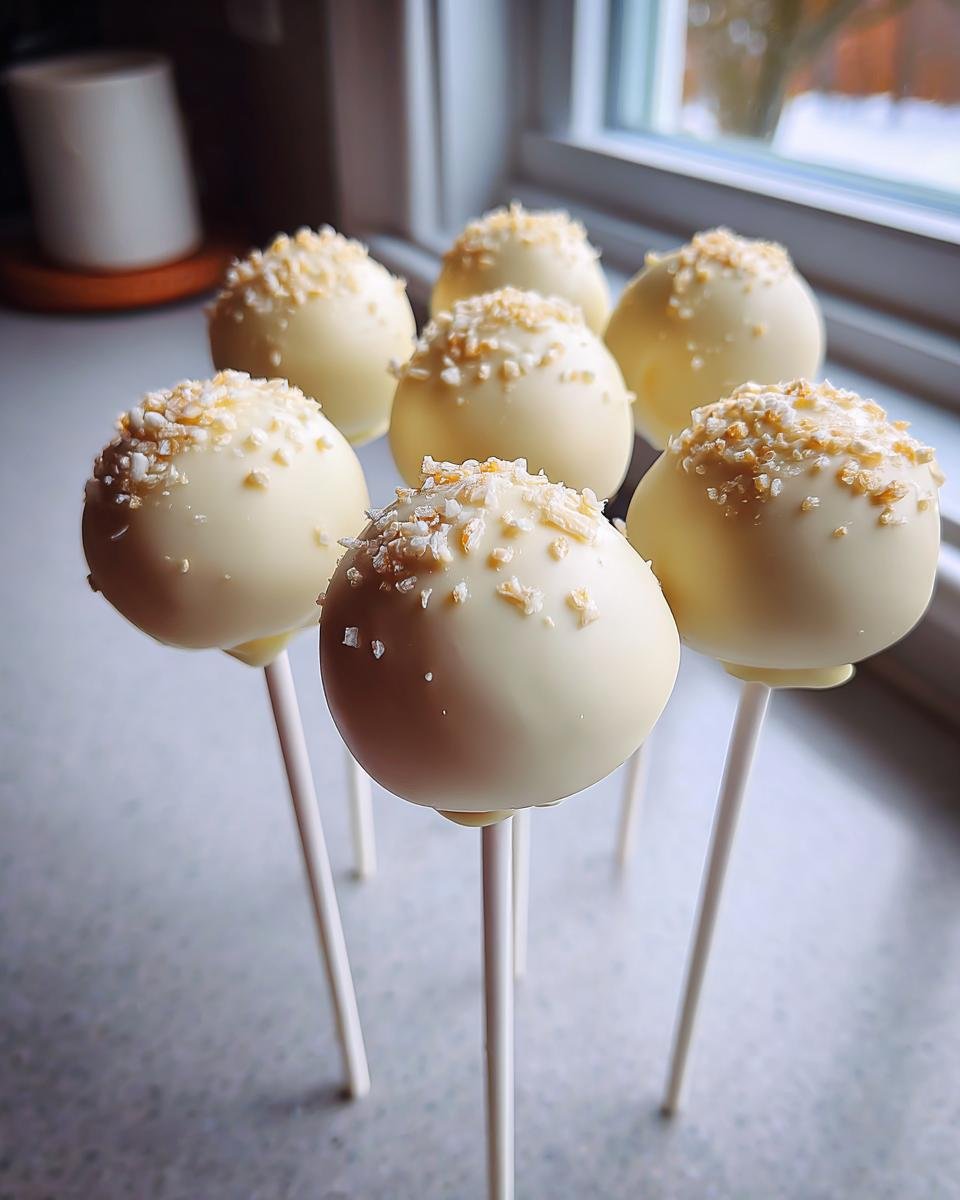 Close-up of several white chocolate Caramel Apple Cake Pops topped with crunchy crumble.