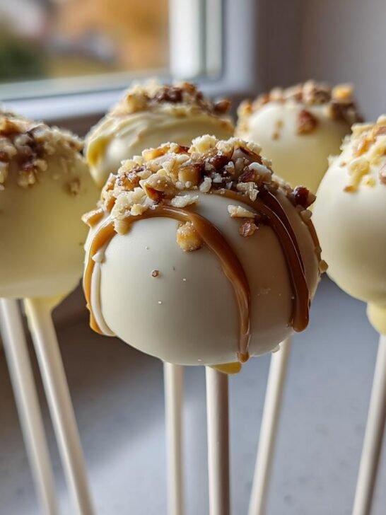 Close-up of five white chocolate Caramel Apple Cake Pops drizzled with caramel and topped with chopped nuts.
