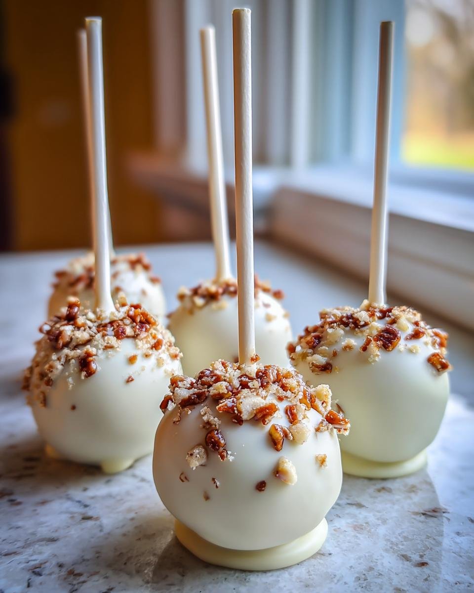 Close-up of several Caramel Apple Cake Pops dipped in white chocolate and topped with chopped pecans.