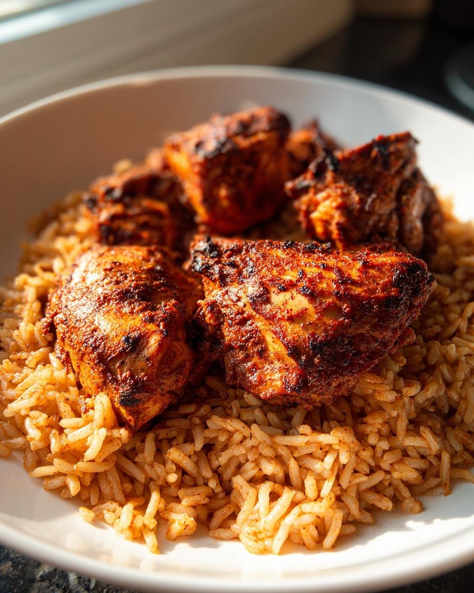 Close-up of richly seasoned Caribbean Jerk Chicken And Rice served in a white bowl.