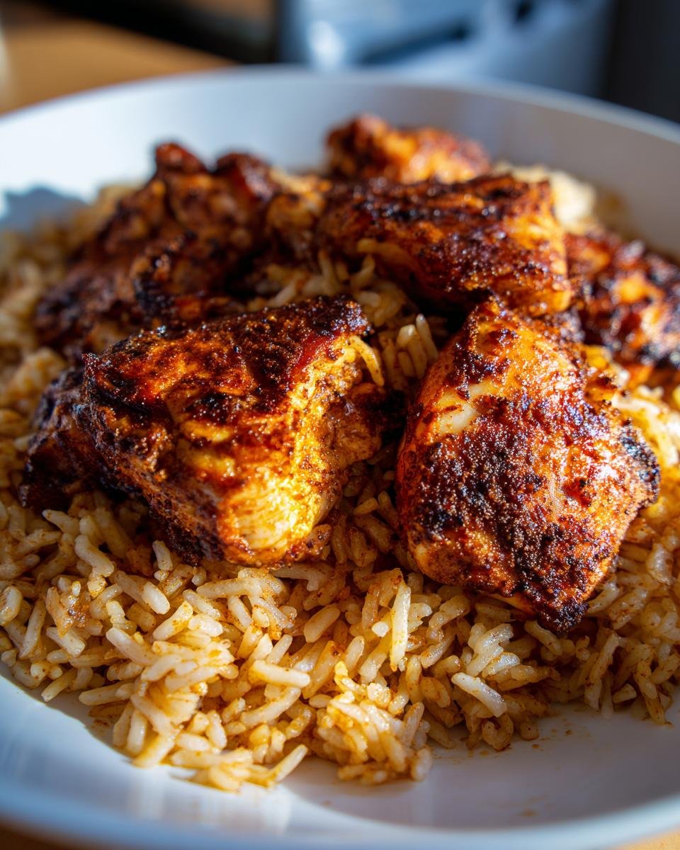 Close-up of seasoned, dark-crusted Caribbean Jerk Chicken And Rice served in a white bowl.