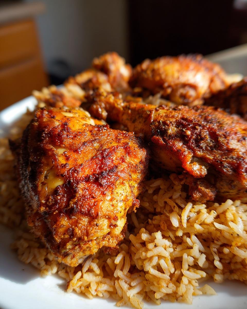 Close-up of beautifully seasoned, browned Caribbean Jerk Chicken And Rice served on a white plate.