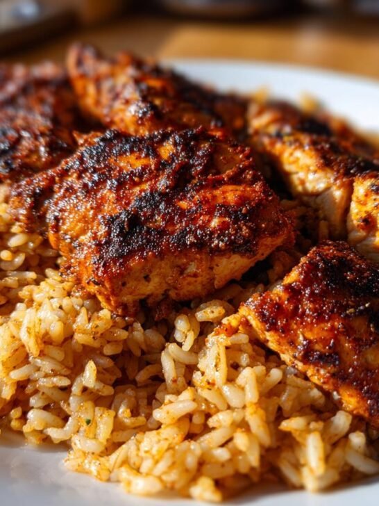 Close-up of seasoned, charred Caribbean Jerk Chicken And Rice served on a white plate.