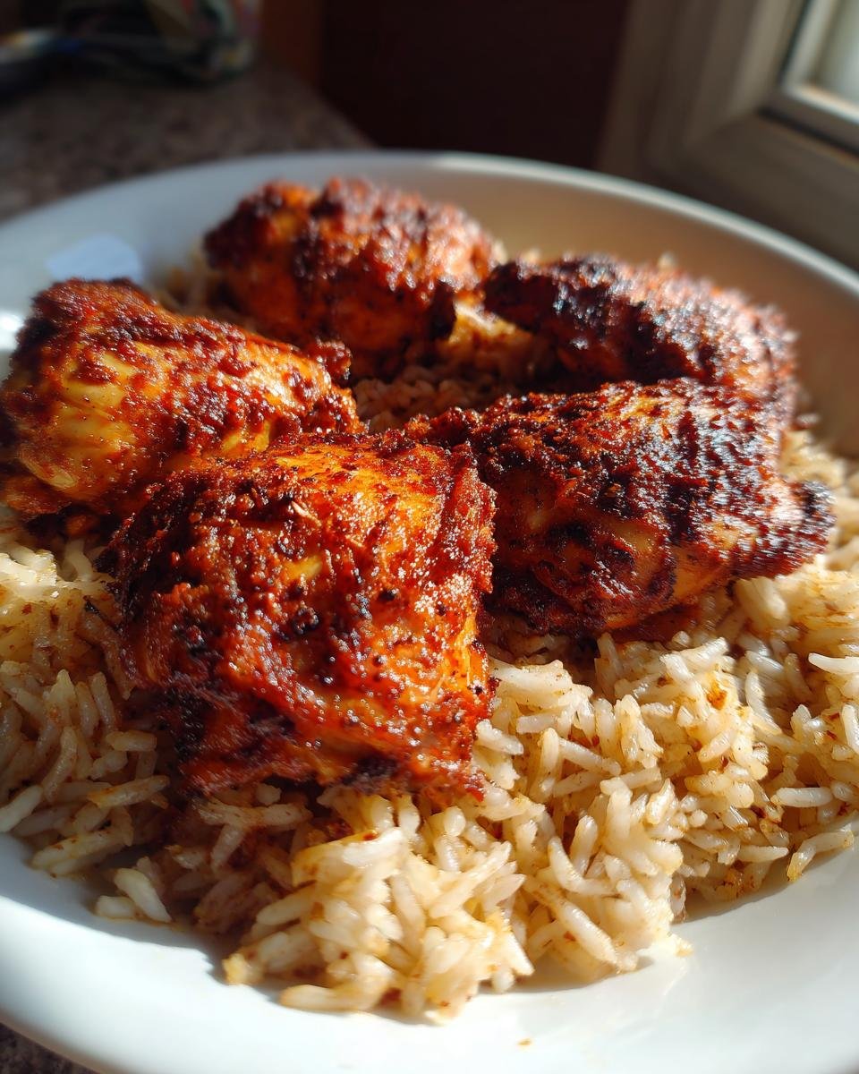 Four pieces of richly seasoned Caribbean Jerk Chicken And Rice served over a bed of seasoned rice.