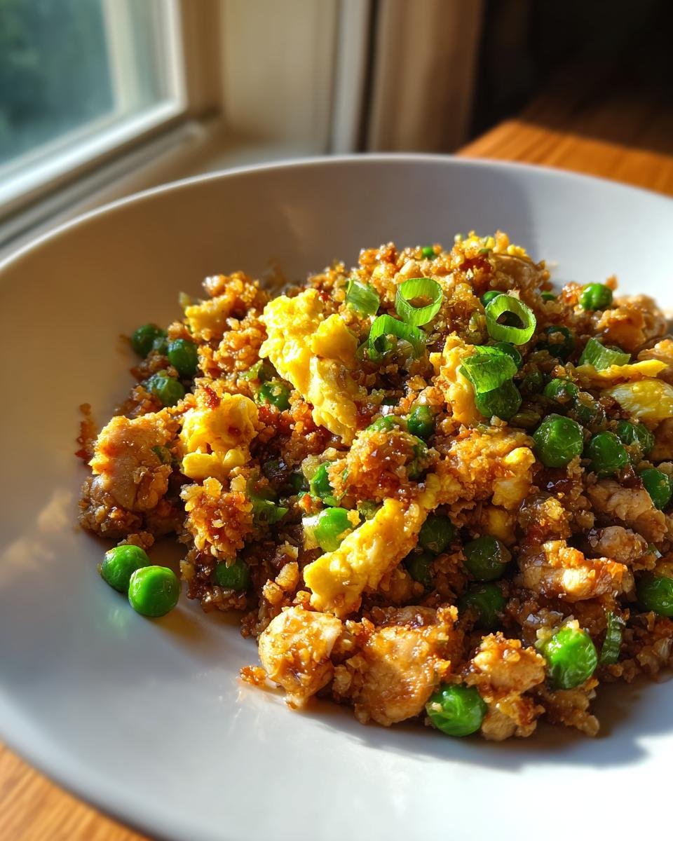 A close-up of Cauliflower Fried Rice With Chicken served in a white bowl, garnished with bright green scallions and peas.