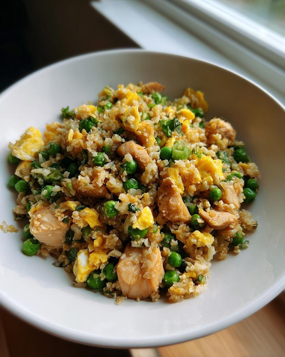 A close-up of Cauliflower Fried Rice With Chicken, mixed with scrambled egg and bright green peas, served in a white bowl.