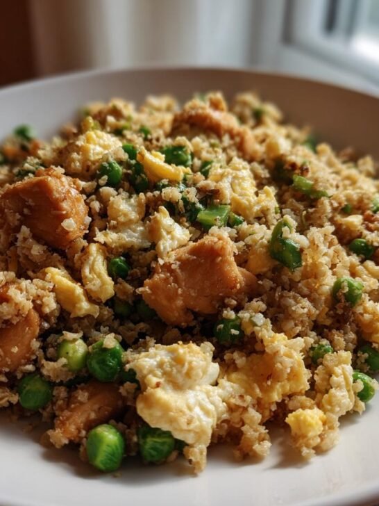 Close-up of Cauliflower Fried Rice With Chicken, scrambled eggs, and green peas served on a white plate.
