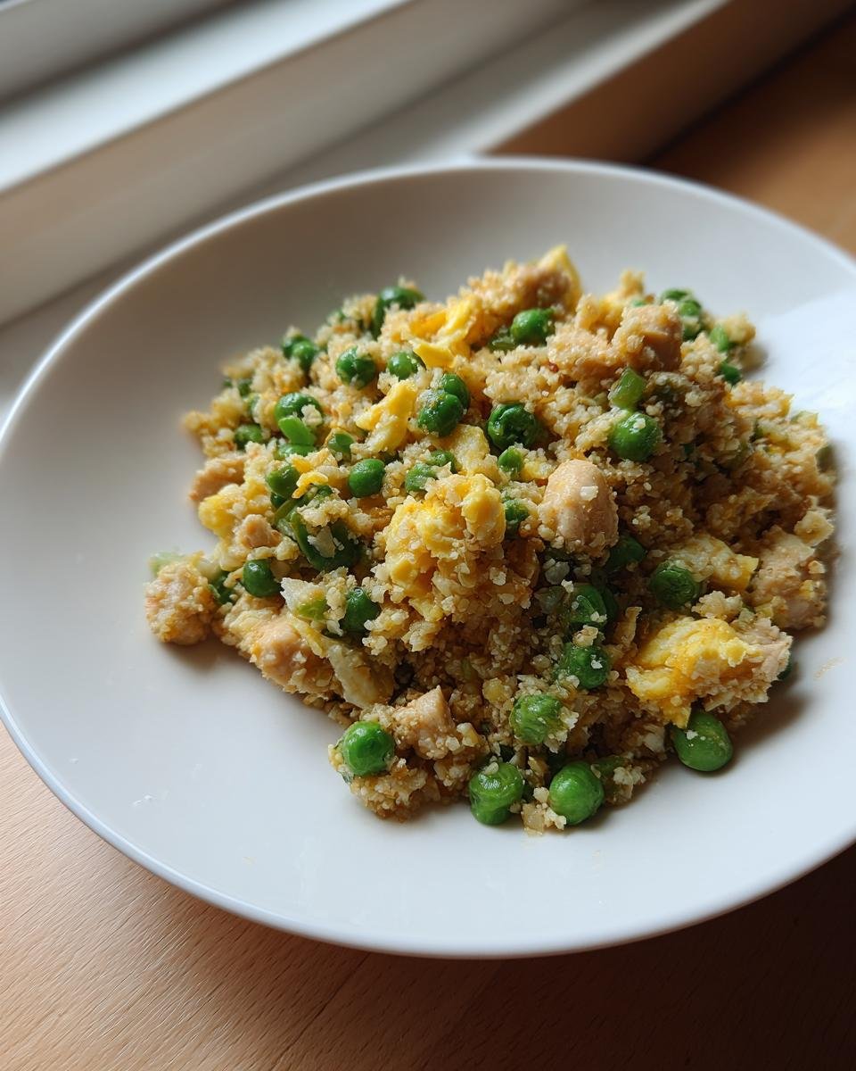 A close-up serving of Cauliflower Fried Rice With Chicken, mixed with scrambled egg and bright green peas, presented on a white plate.